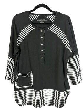 Neon Buddha Black Stripe Top Large Button Front 3/4 Sleeve Pocket Tunic